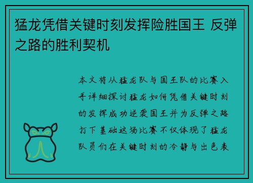 猛龙凭借关键时刻发挥险胜国王 反弹之路的胜利契机