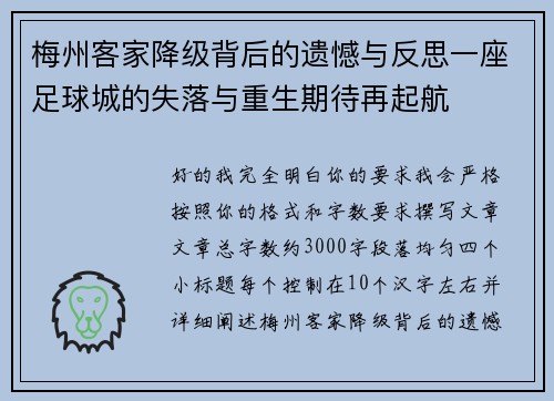梅州客家降级背后的遗憾与反思一座足球城的失落与重生期待再起航